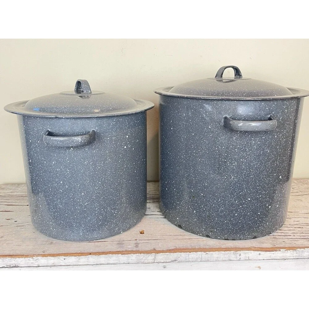 Vintage Grey Speckled Enamelware Set Of Nesting Stock Pots Country Home Camping